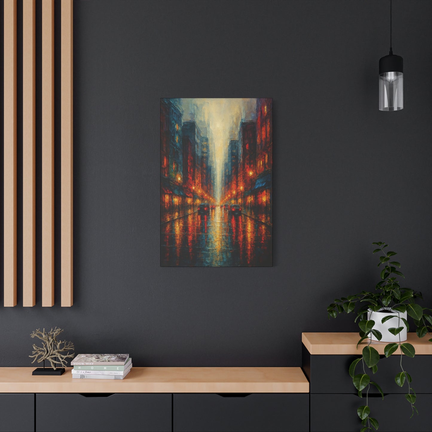 Lienzo mate "Paisaje urbano lluvioso" - Arte de pared urbano nocturno estirado
