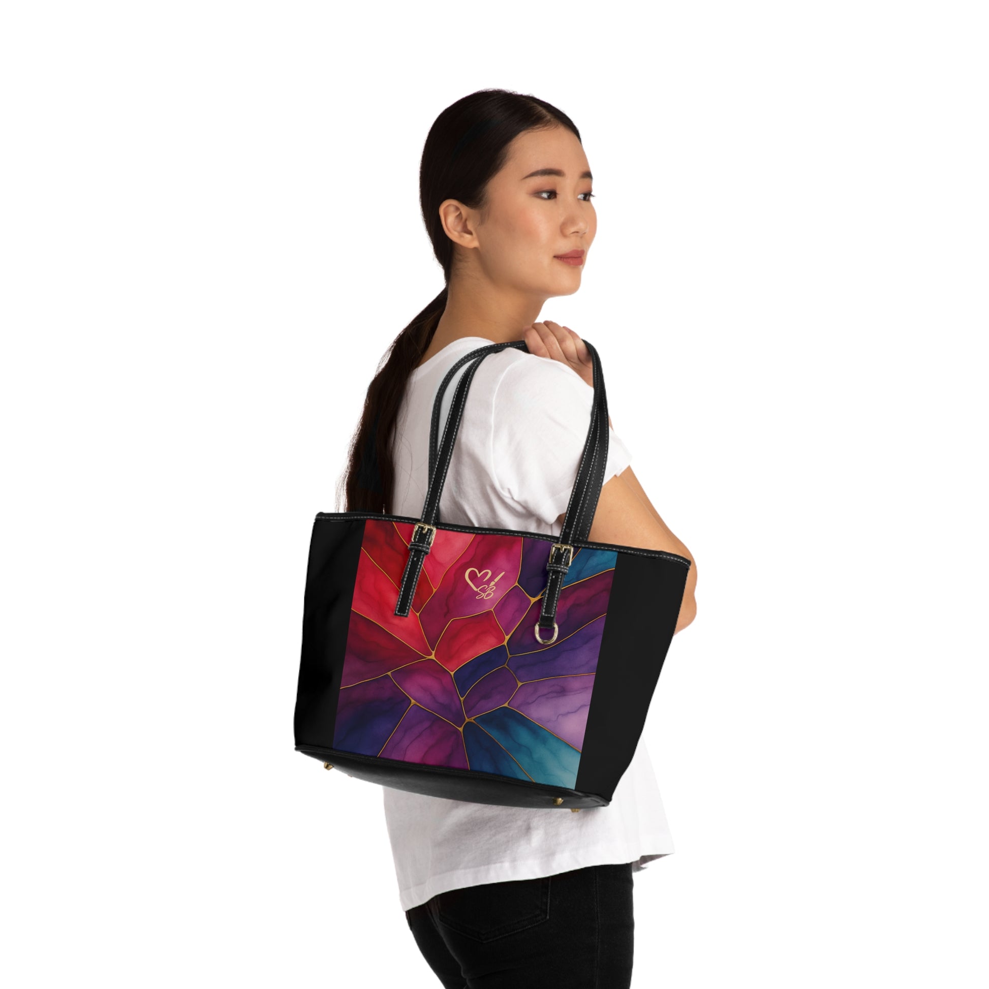 Shelby Artisan Luxe small shoulder bag lifestyle view – vibrant jewel-tone stained glass print compact crossbody by the Soulful Brush
