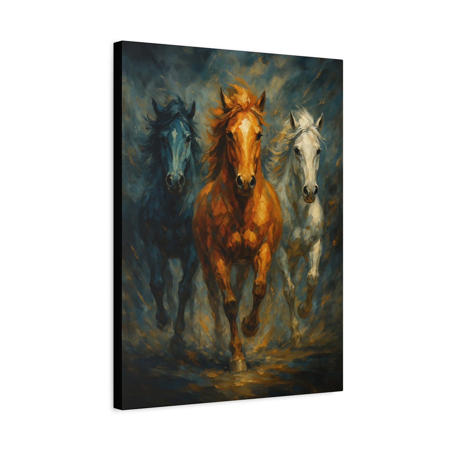 Arte de pared en lienzo mate "Caballos corriendo" — Pintura de trío dramático, estirado 1.25"