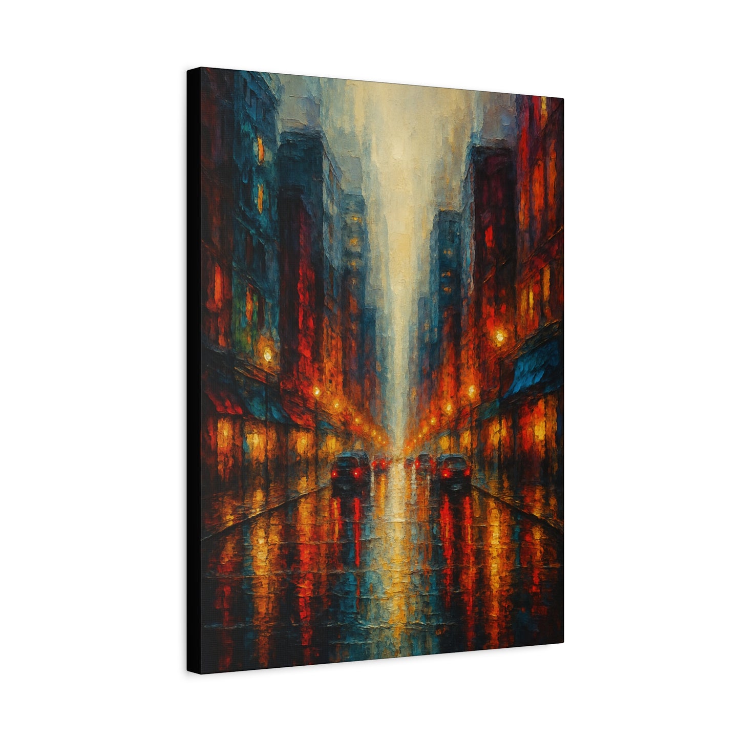 Lienzo mate "Paisaje urbano lluvioso" - Arte de pared urbano nocturno estirado