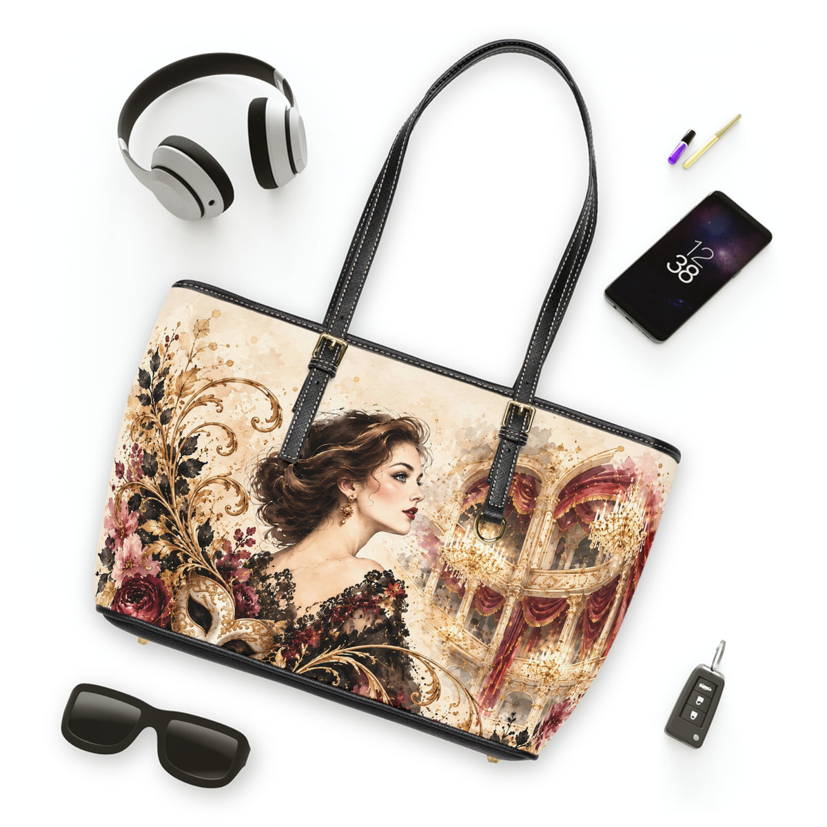 Gilded Masquerade PU Shoulder Bag | Opera Portrait Art