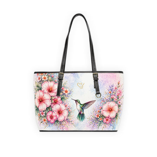 Lila Artisan Luxe PU leather shoulder bag 17x11 front view – watercolor floral hummingbird print tote by the Soulful Brush
