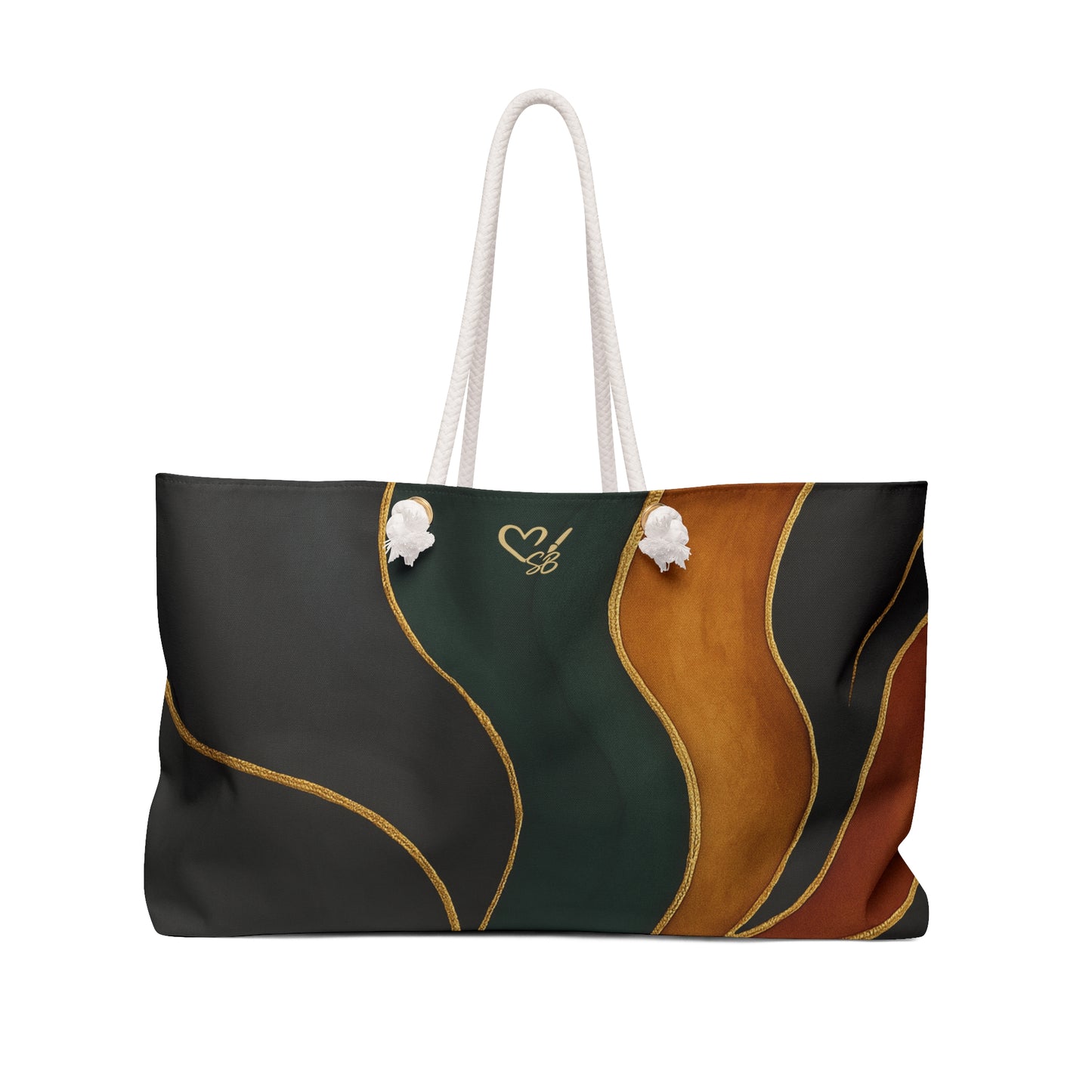 Vivian Artisan Luxe weekender bag front view – abstract autumn waves earthy green burnt orange travel bag by the Soulful Brush

