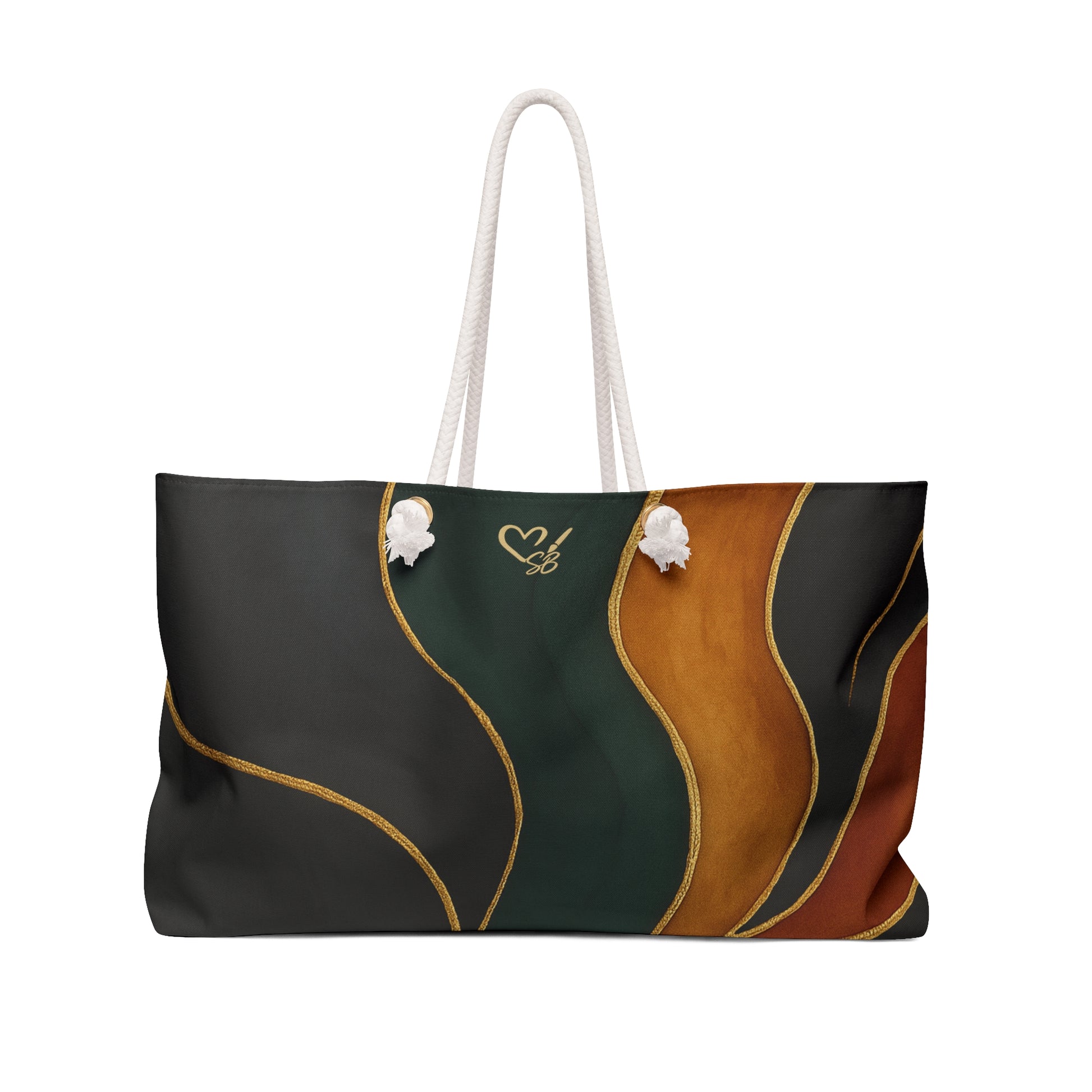 Vivian Artisan Luxe weekender bag front view – abstract autumn waves earthy green burnt orange travel bag by the Soulful Brush
