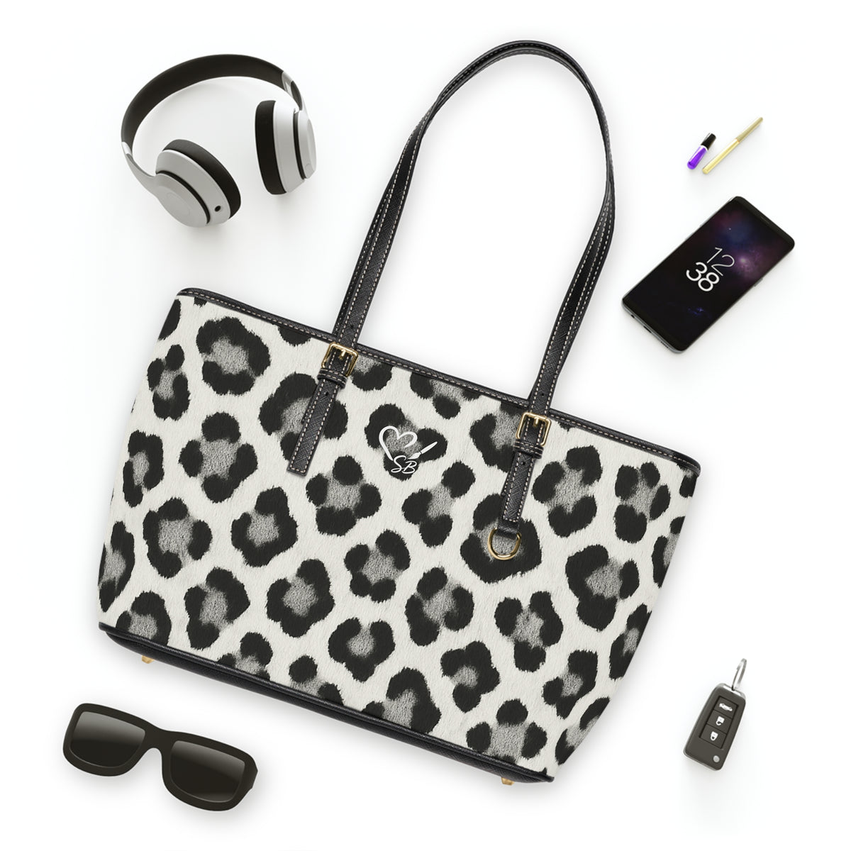 Leopard Print PU Leather Shoulder Bag — Black & White Animal Print Tote