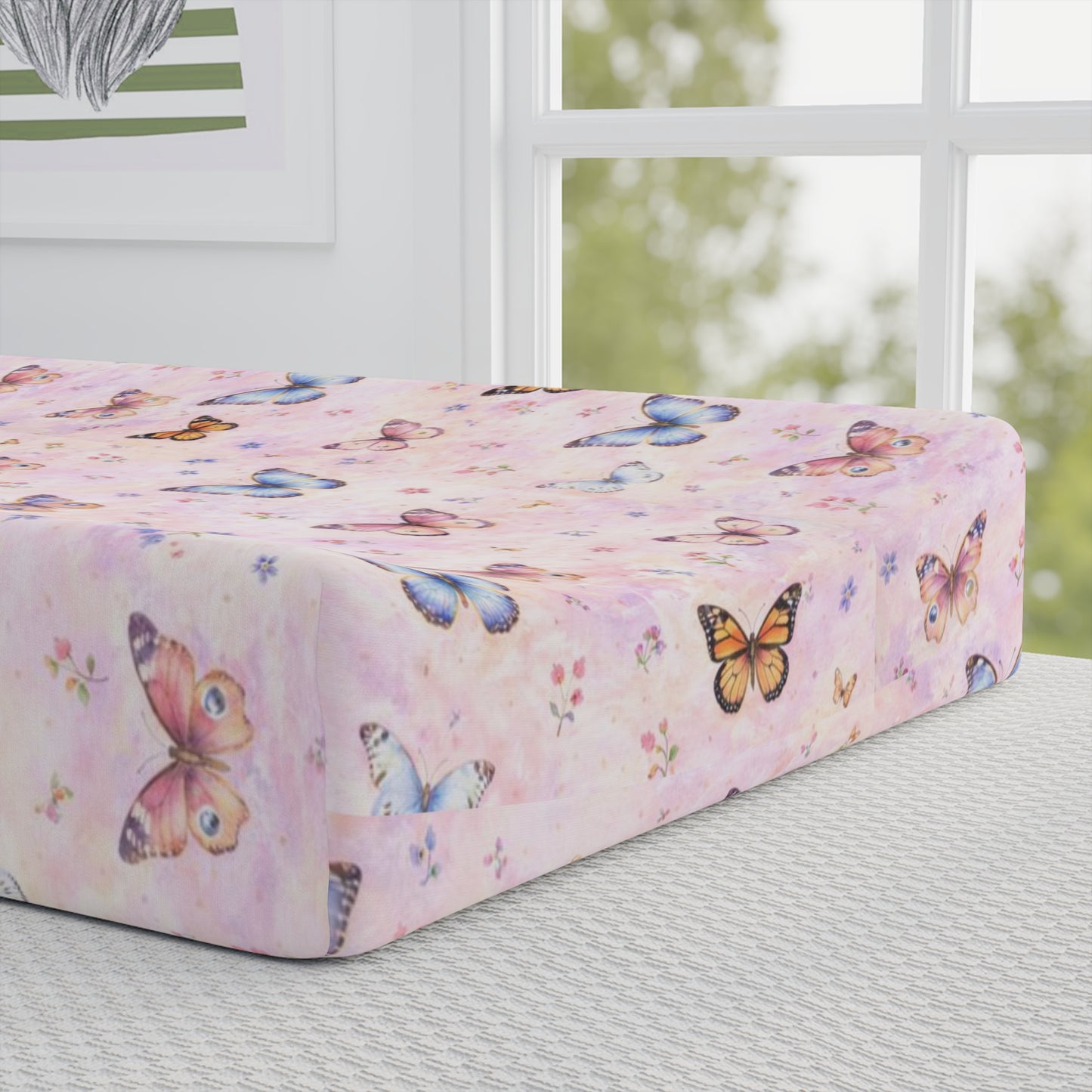 Funda para cambiador de bebé mariposa – Vivero con estampado floral pequeño rosa