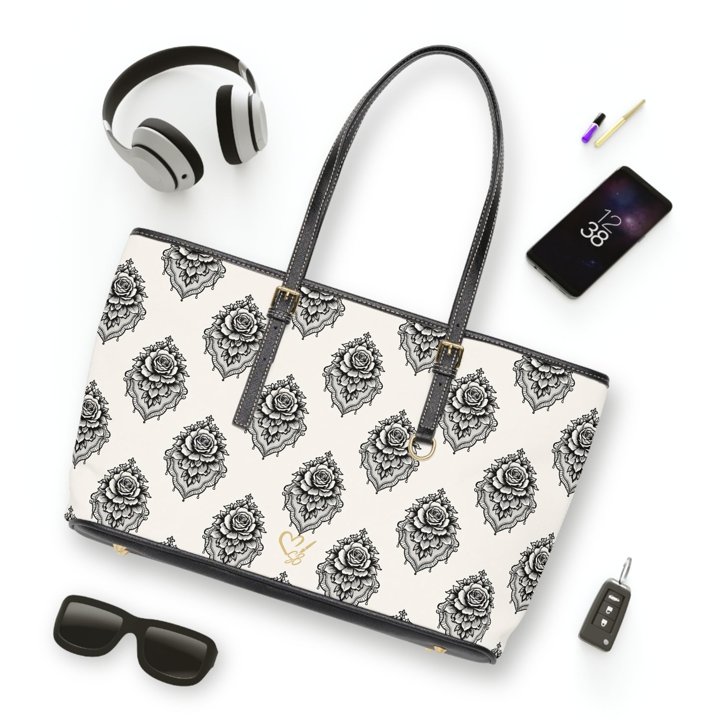 Rosa Velada - Bolso de hombro de piel sintética — Elegante bolso tote blanco y negro