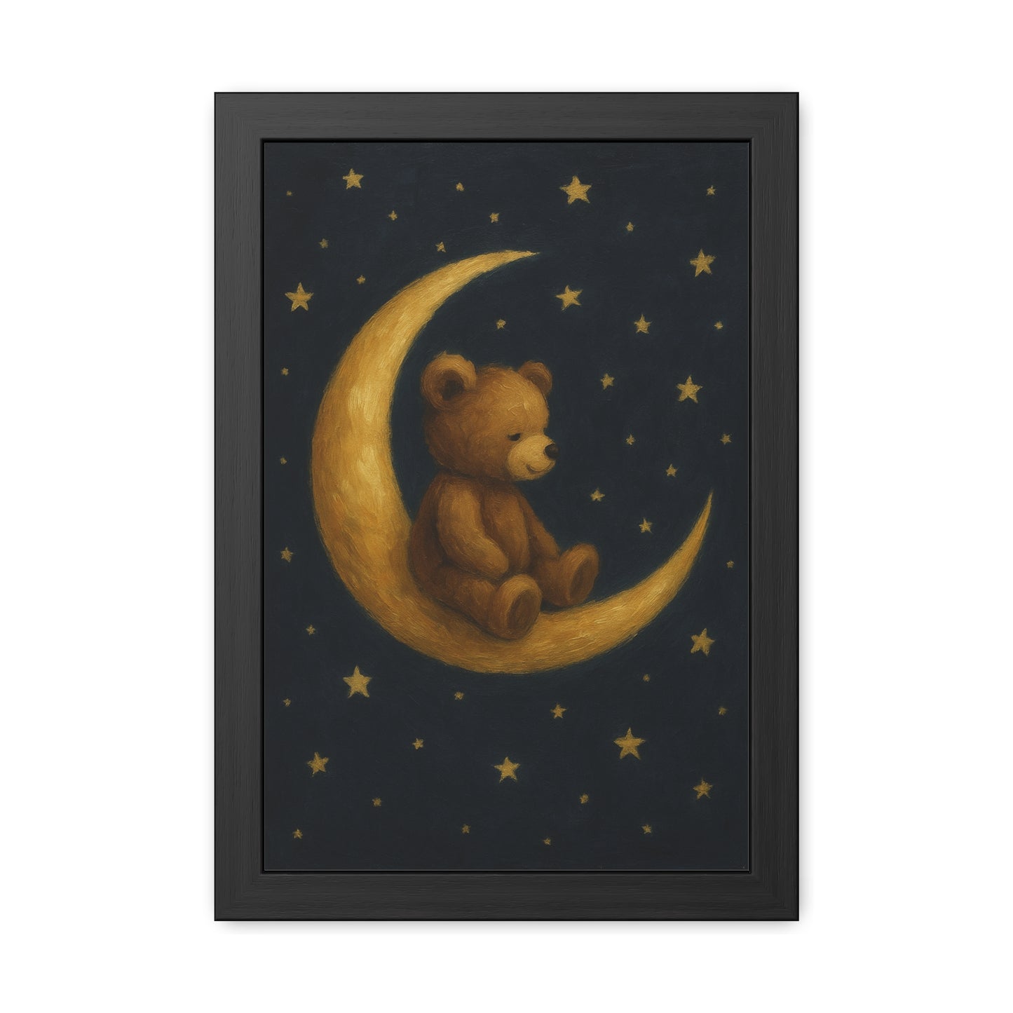 To the Moon and Back – Teddy on Crescent Moon Nursery Framed Poster | Celestial Dreams Wall Art