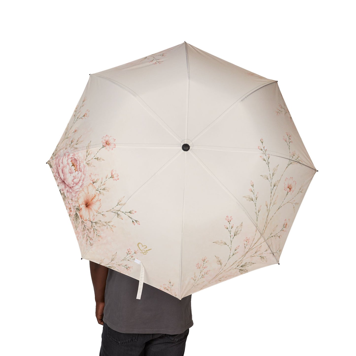 Quiet Bloom floral umbrella lifestyle view – semi-automatic compact pink rose design by the Soulful Brush
