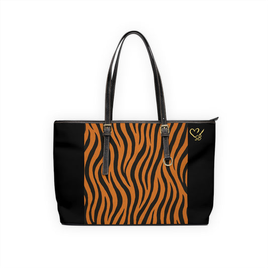 Tiger Stripe PU Leather Shoulder Bag — Black & Orange Animal Print Tote