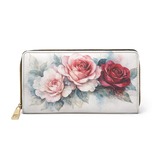 Rosie-Artisan Luxe Cartera con cremallera — Cartera larga con rosas rojas y rosadas en acuarela