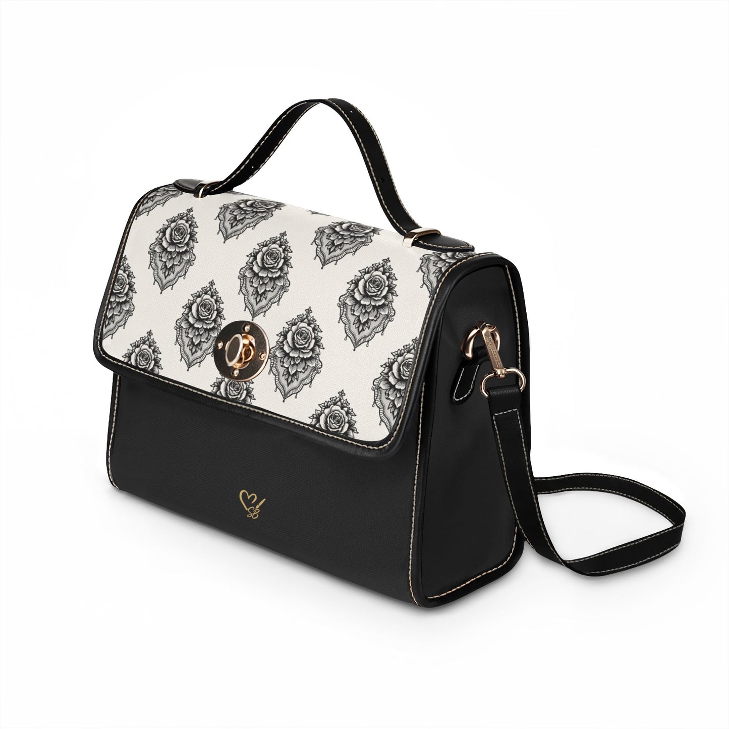 Bolso de lona "Rosa Velada" - Elegante bandolera damasco en blanco y negro