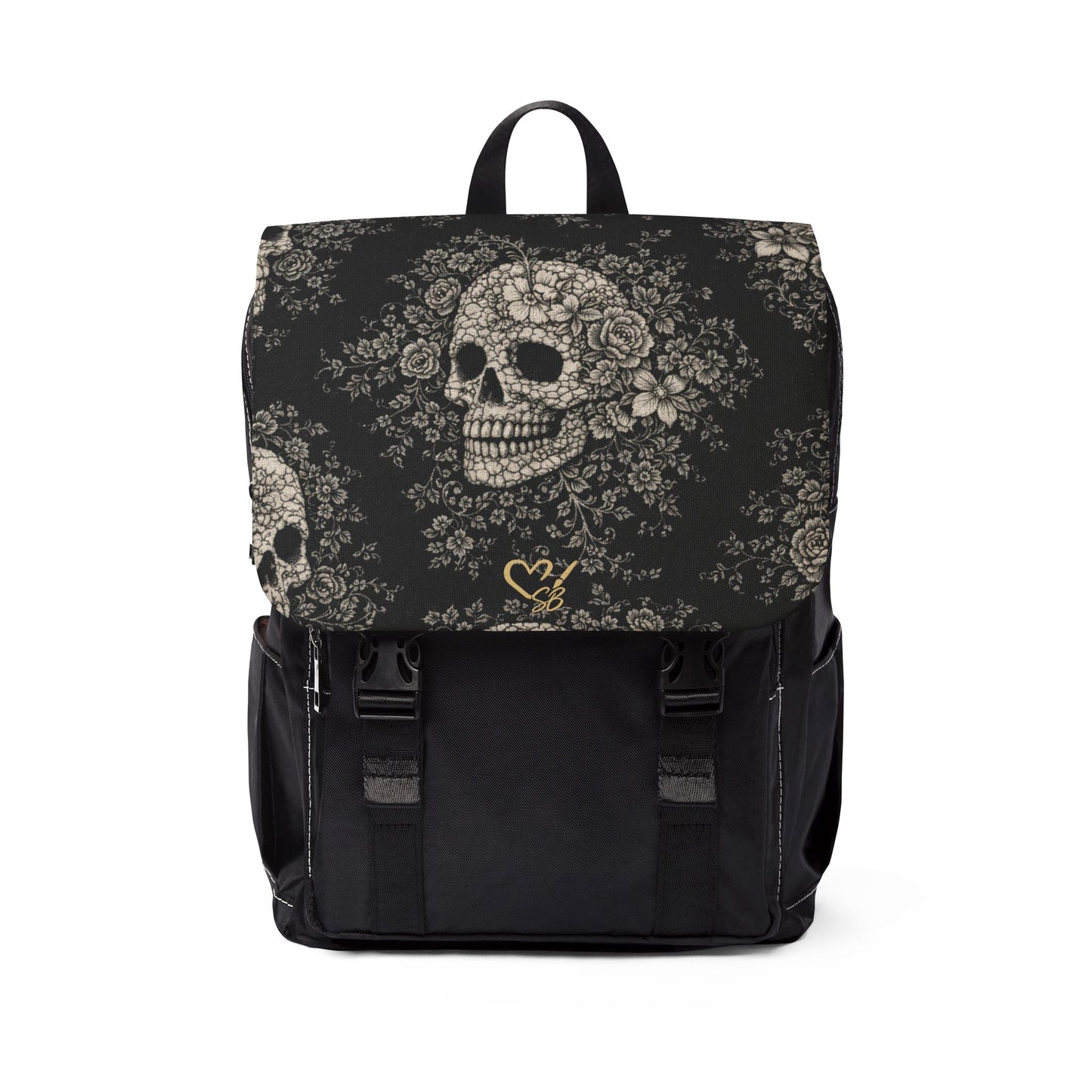 Requiem Bloom gothic floral skull backpack – front view, vintage flower skull daypack by the Soulful Brush