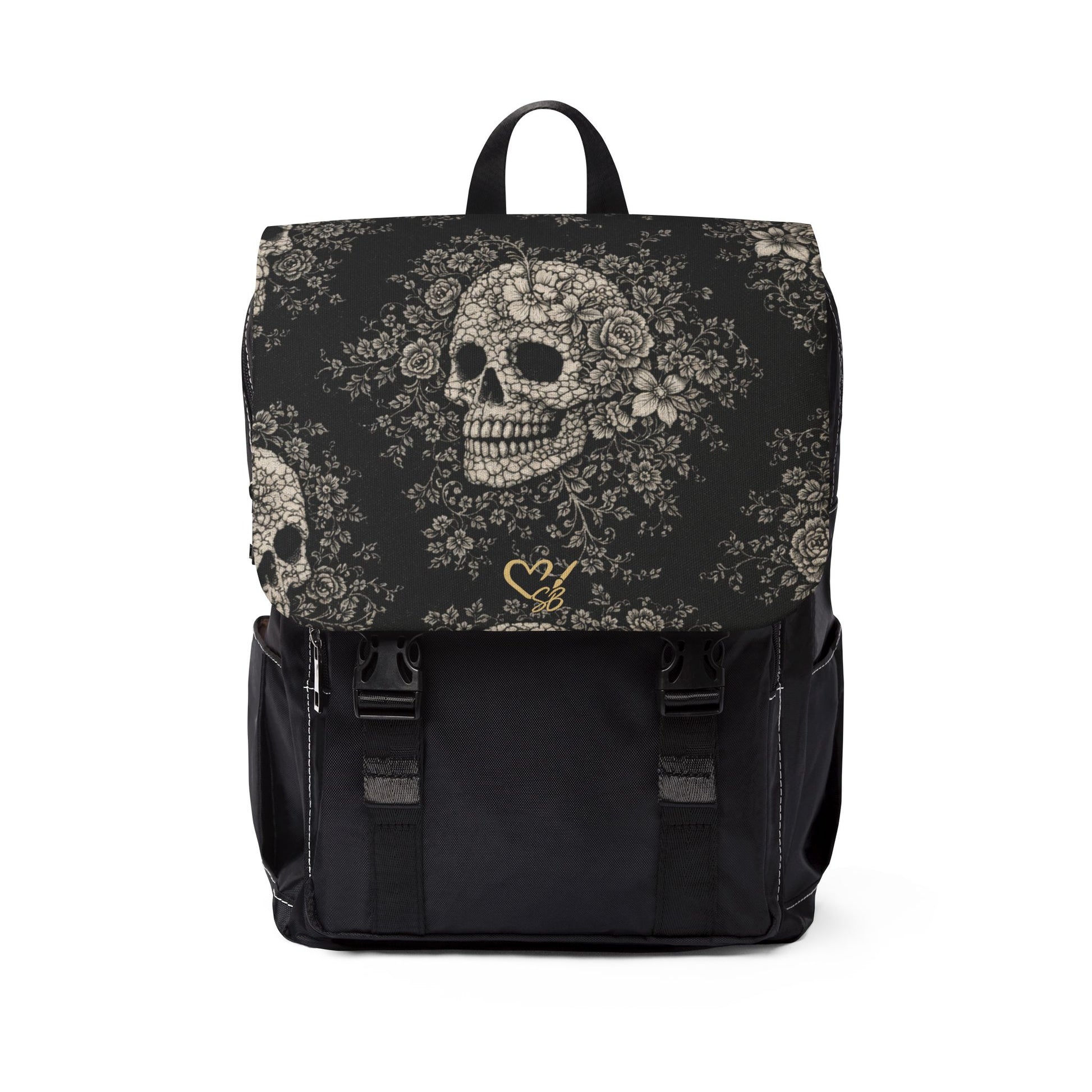 Requiem Bloom gothic floral skull backpack – front view, vintage flower skull daypack by the Soulful Brush