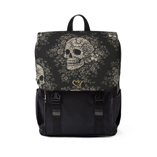 Requiem Bloom gothic floral skull backpack – front view, vintage flower skull daypack by the Soulful Brush