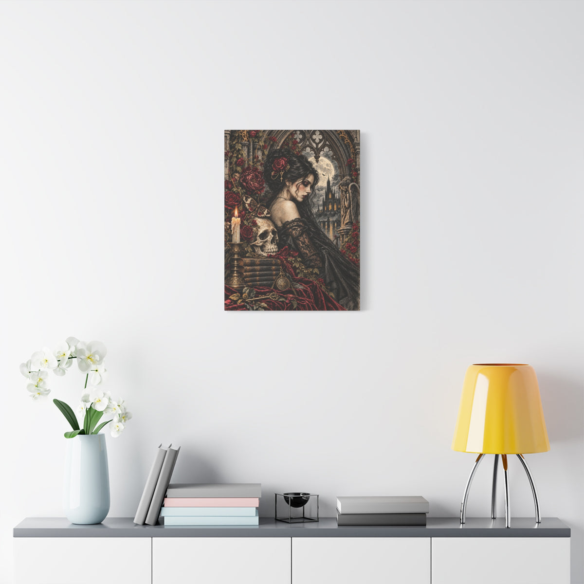 Gothic Romance Canvas Print – Victorian Woman with Skull & Moonlit Cathedral