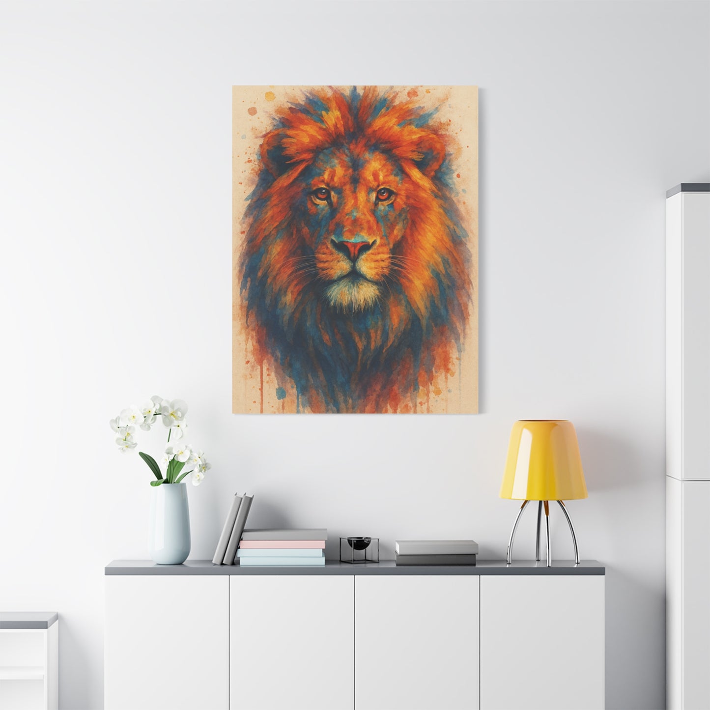 Lion-Bold Colorful Abstract Animal Acrylic Ink Matte Canvas (Stretched)
