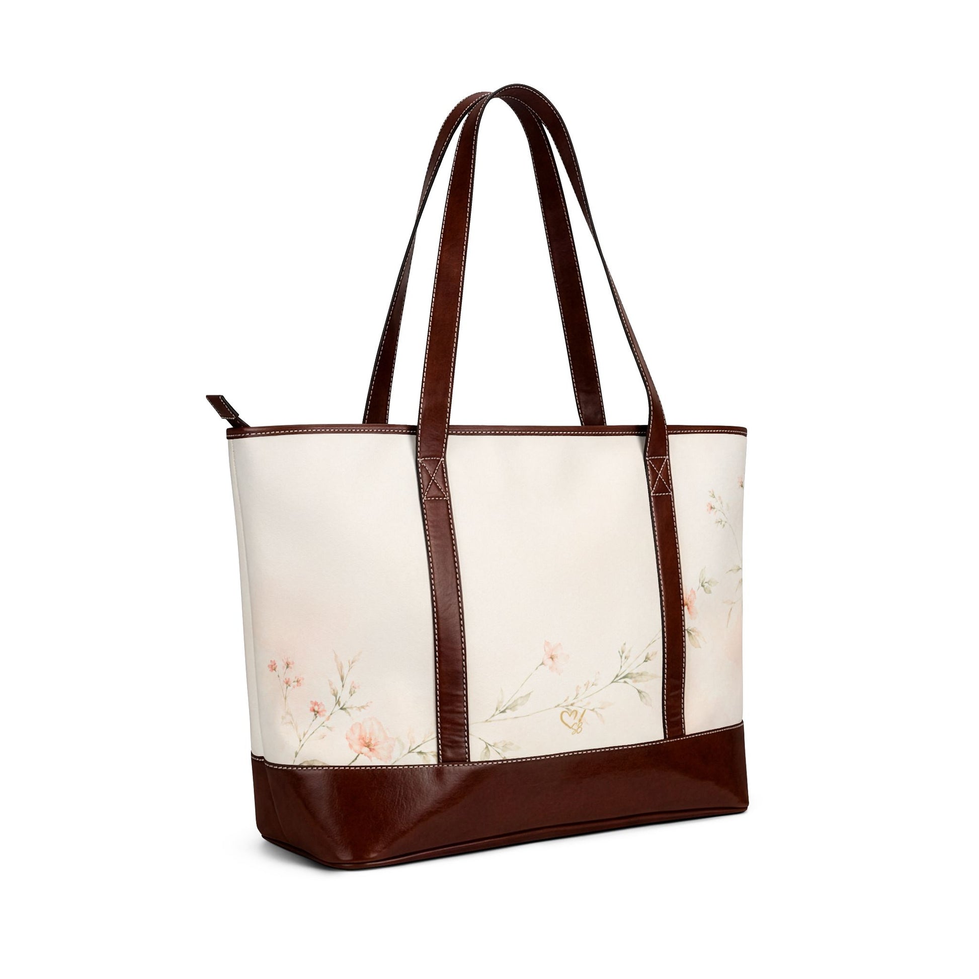 Still Garden floral canvas tote side view – vintage peach blossom print with faux leather trim by the Soulful Brush
