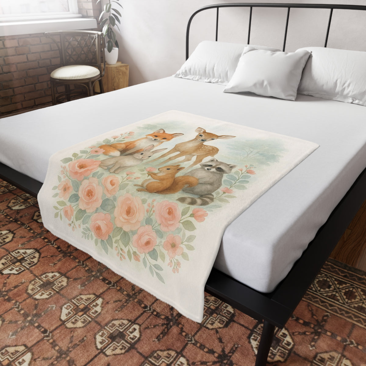 Manta de felpa Woodland Friends con diseño floral campestre elegante