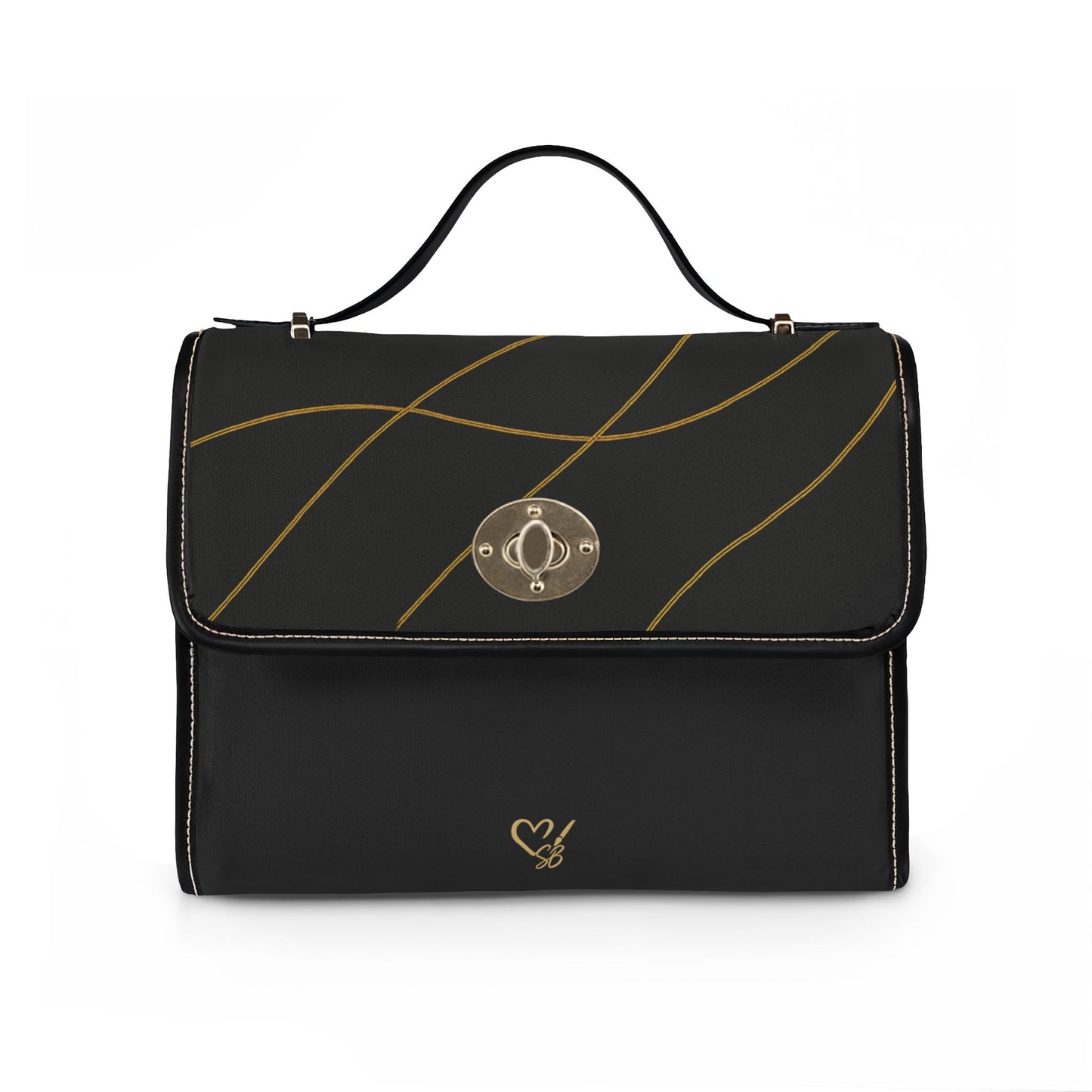 Waterproof Canvas Bag — Black Gold Minimalist Handbag with Top Handle & Crossbody Strap