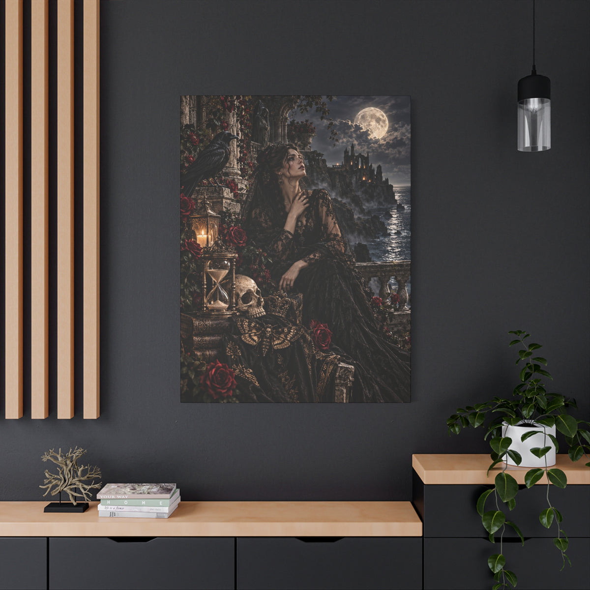 Gothic Moonlight Lady Matte Canvas Wall Art —Garden of Sorrow- Gothic Castle, Skull & Rose Décor