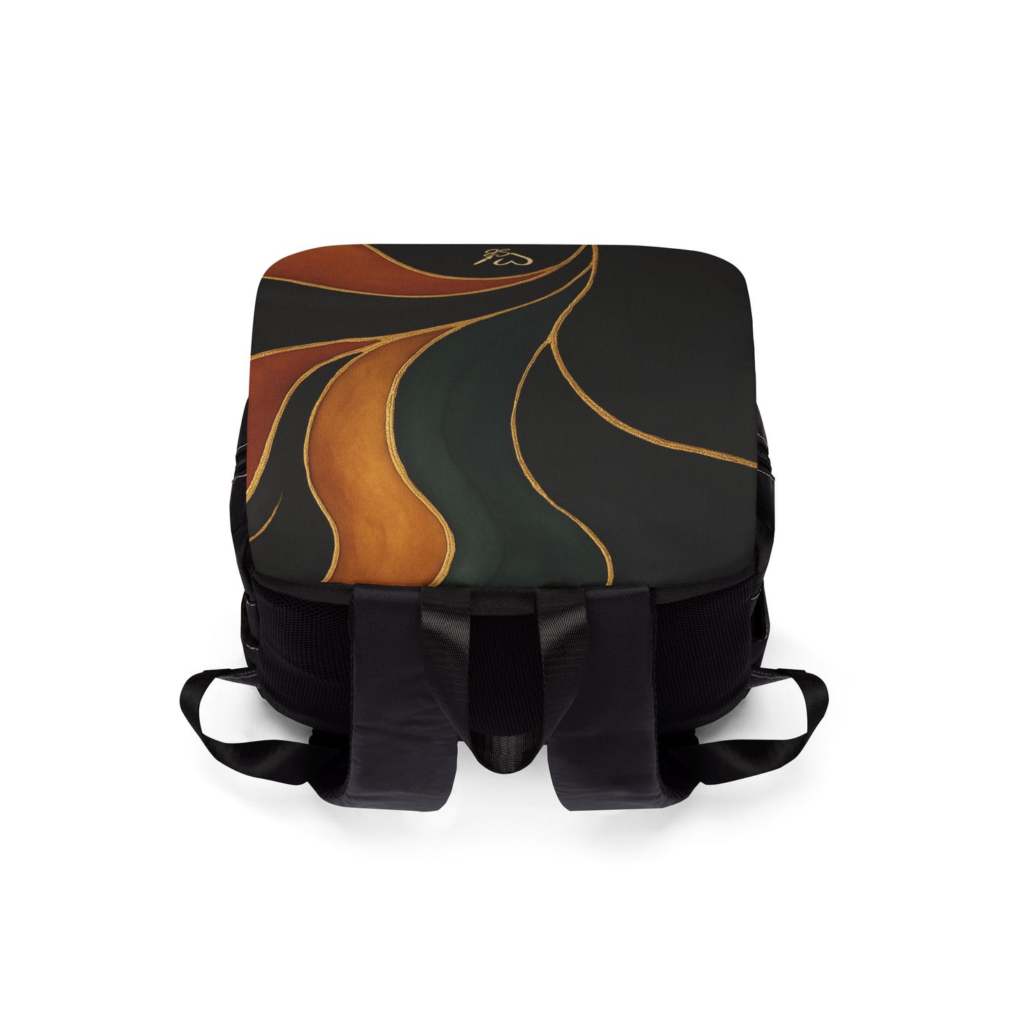 Vivian Artisan Luxe backpack flap detail – abstract autumn waves print closure and hardware by the Soulful Brush
