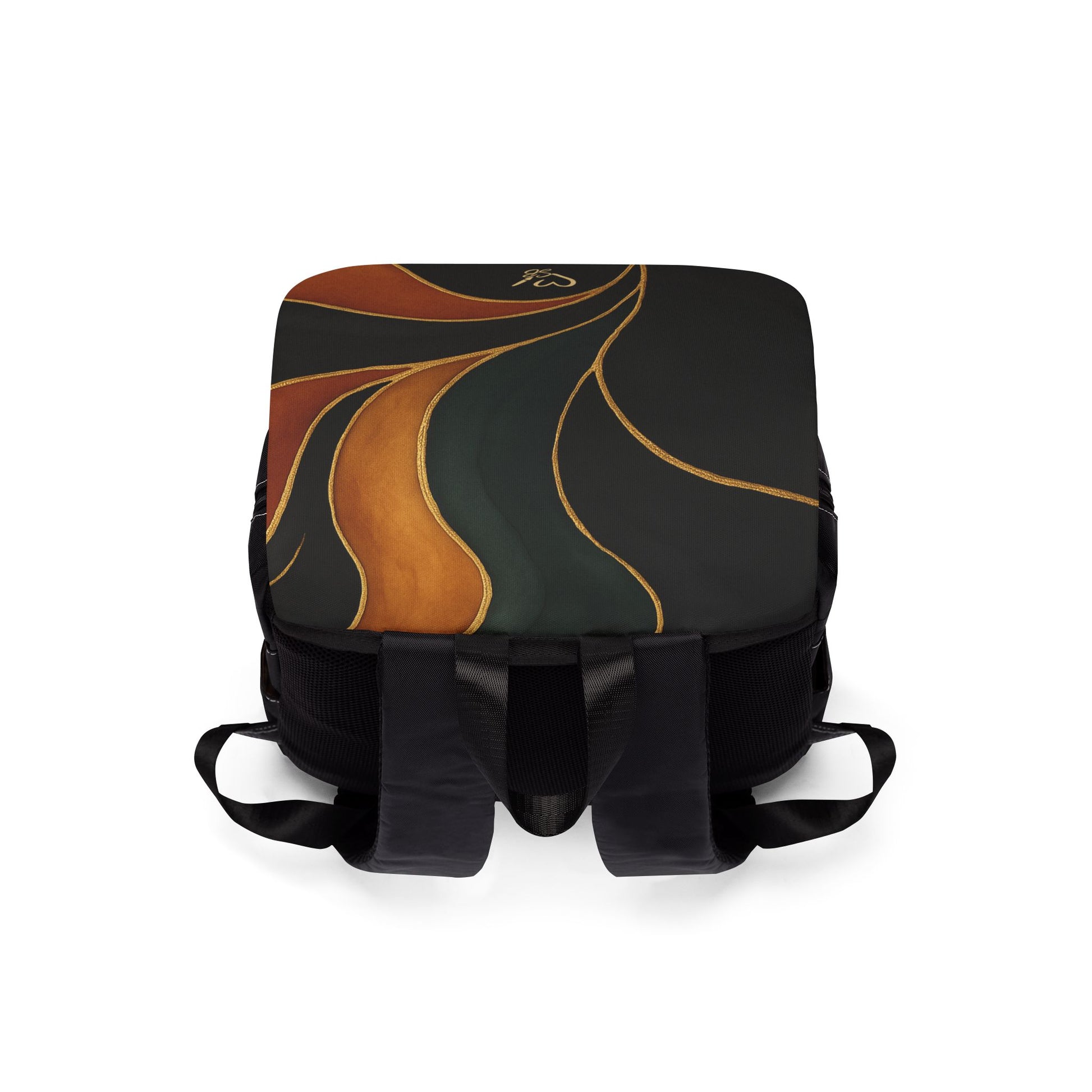 Vivian Artisan Luxe backpack flap detail – abstract autumn waves print closure and hardware by the Soulful Brush
