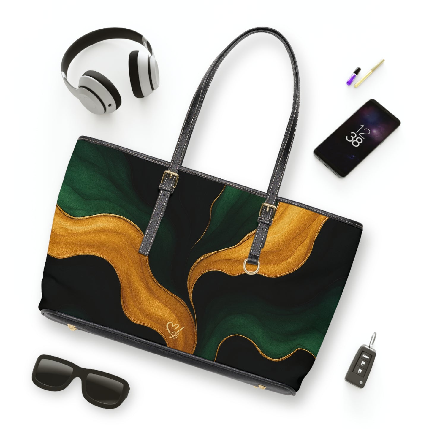 Miranda Artisan Luxe PU leather shoulder bag 17x11 flat lay – emerald and gold abstract print everyday shoulder bag by the Soulful Brush
