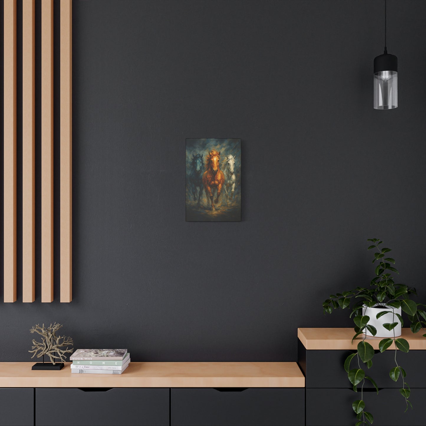 Arte de pared en lienzo mate "Caballos corriendo" — Pintura de trío dramático, estirado 1.25"