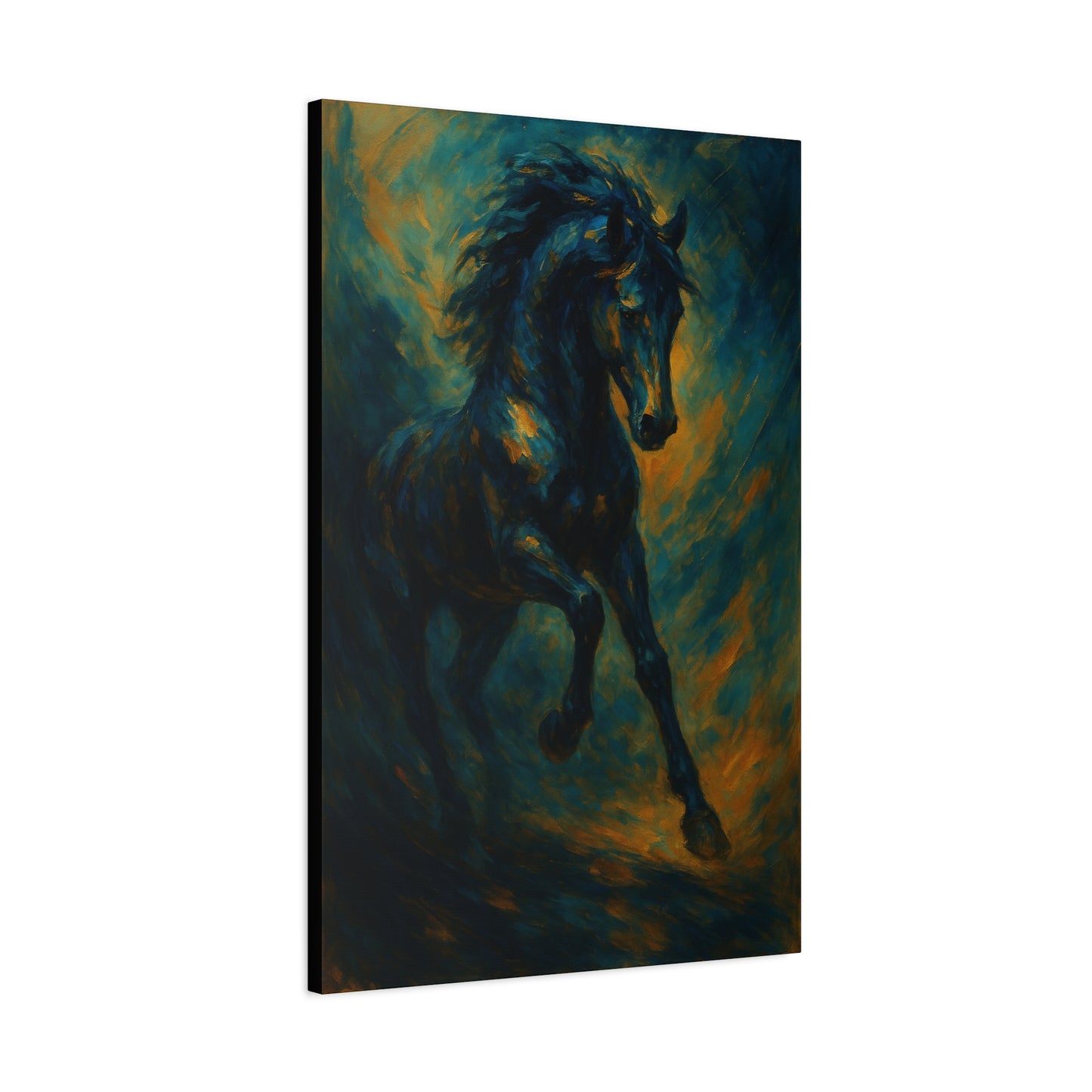 Lienzo Mate de Caballo Negro Galopando — Dramática Pintura Ecuestre