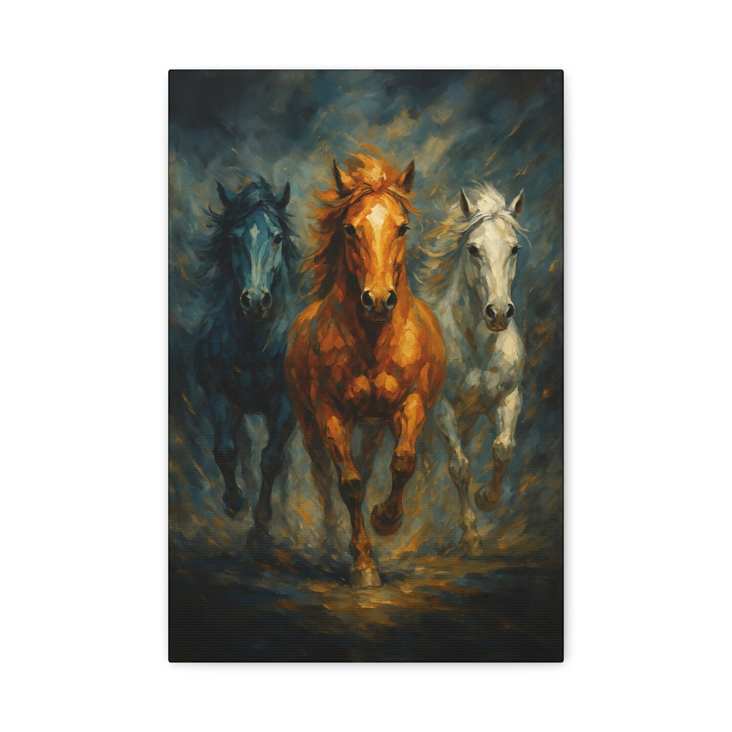 Arte de pared en lienzo mate "Caballos corriendo" — Pintura de trío dramático, estirado 1.25"