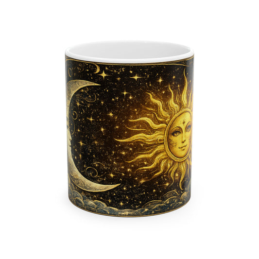 Sun & Moon White Ceramic Mug — Vintage Celestial Astrology Coffee Cup (11oz/15oz)