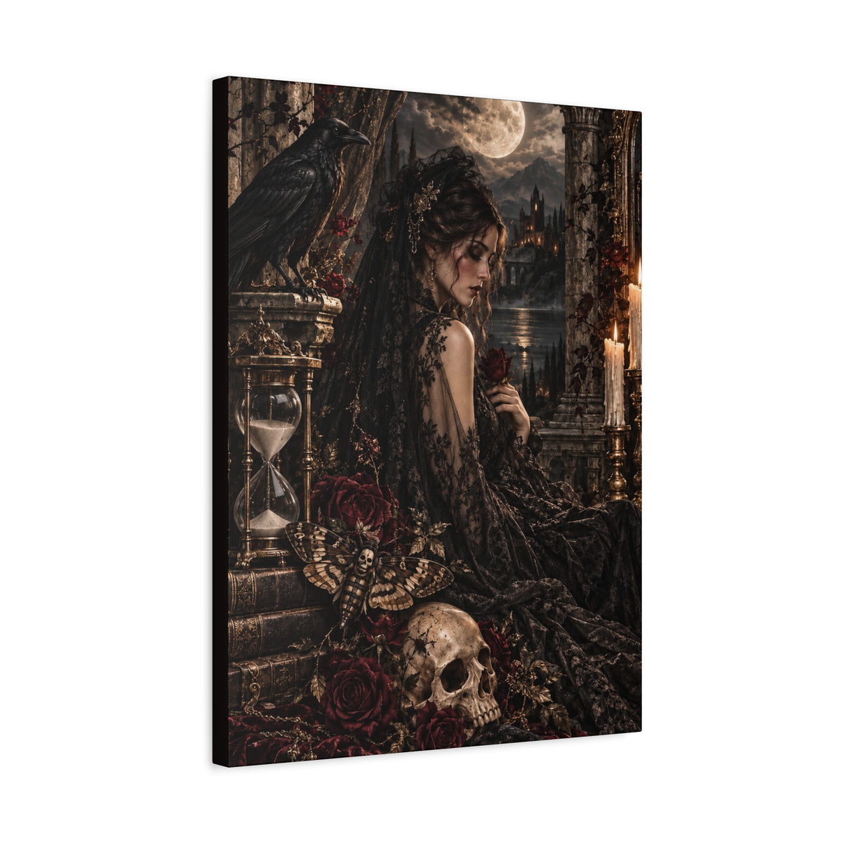 Gothic Mourning Matte Canvas Wall Art —Cathedral Sorrows -Dark Victorian Lady with Skull & Roses