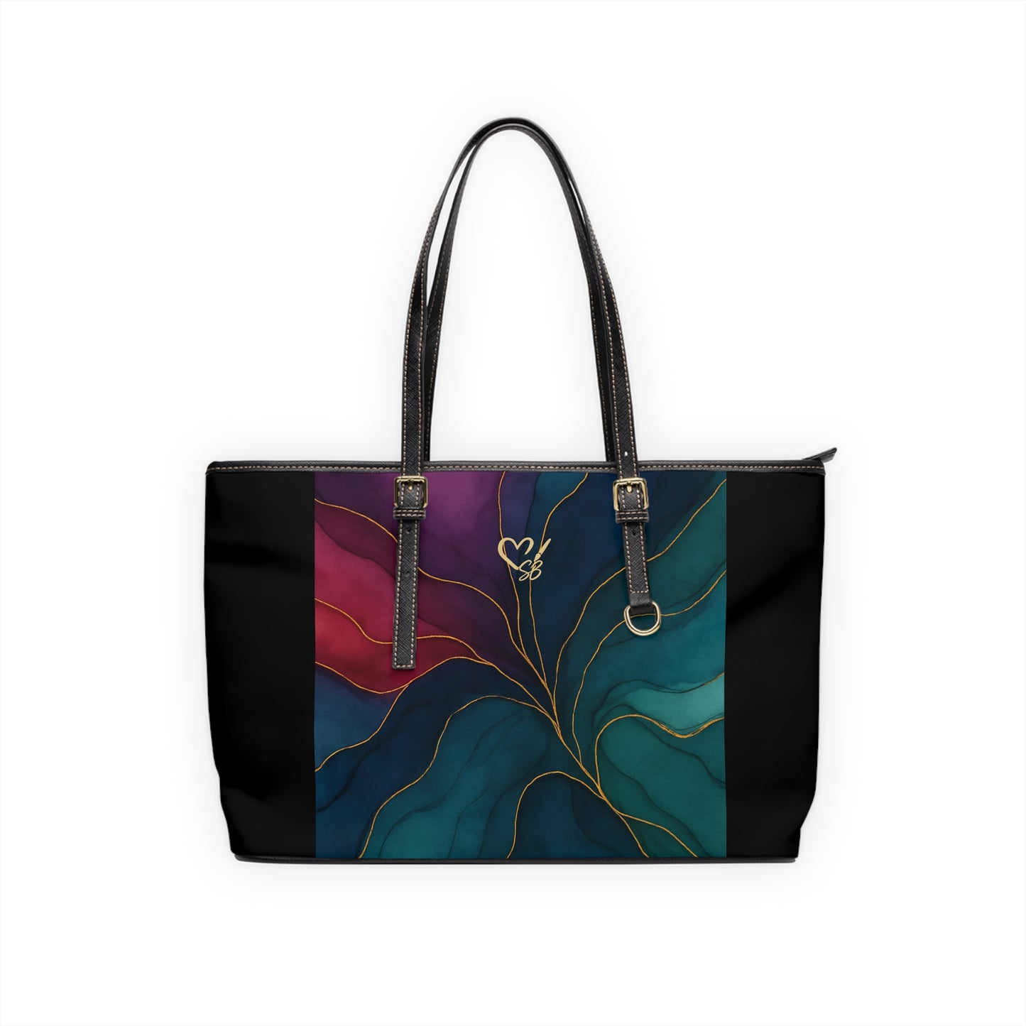 Tyler-2025 Colección Artisan Luxe - Bolso de hombro de PU con panel — Bolso tote color verde azulado y burdeos con detalle veteado dorado