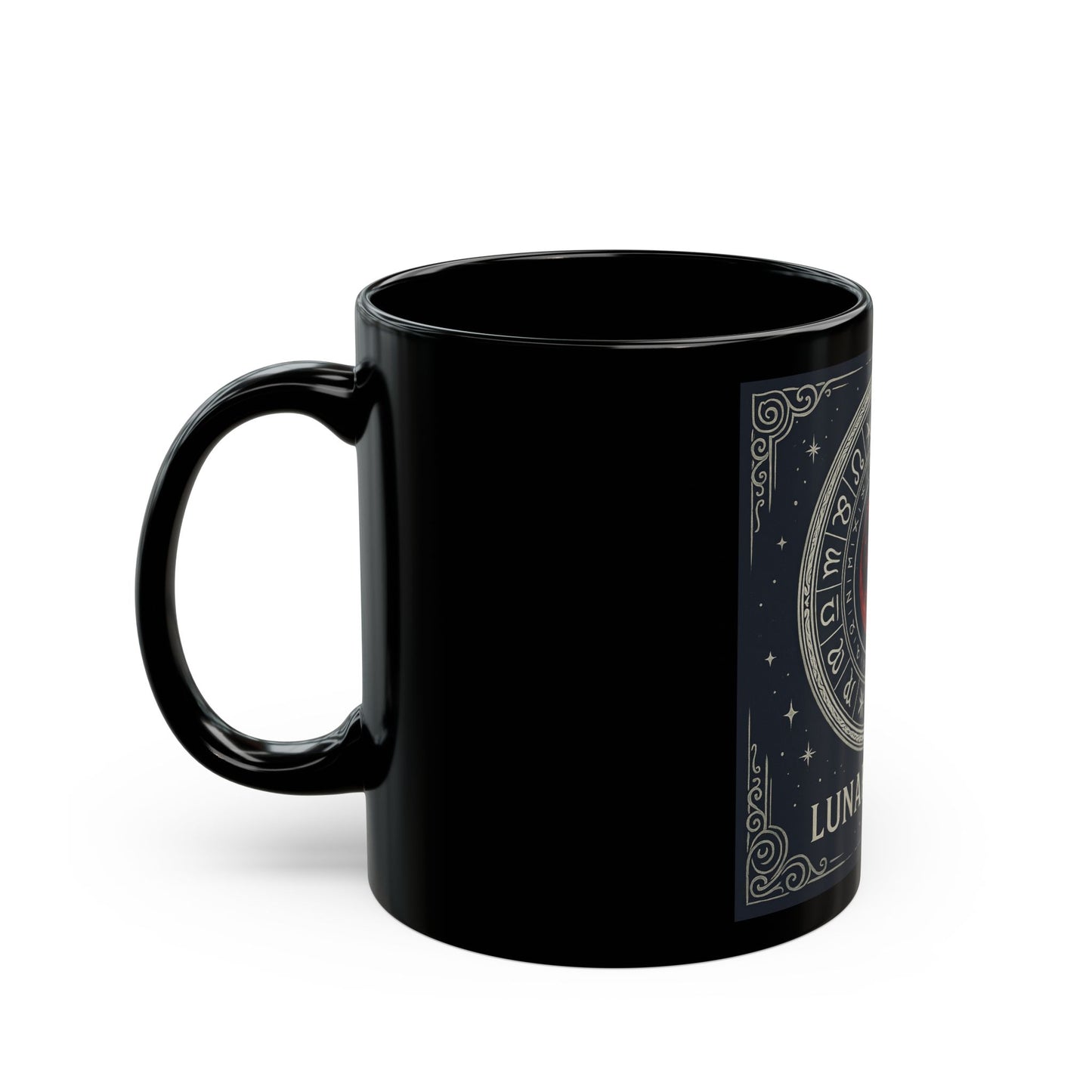 Taza Negra Eclipse Lunar — Taza de Café con Rueda del Zodíaco Astrológico (325 ml/444 ml)