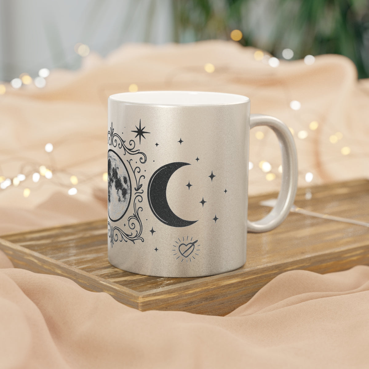 Moon Phase Metallic Mug — Crescent & Full Moon Silver Coffee Cup
