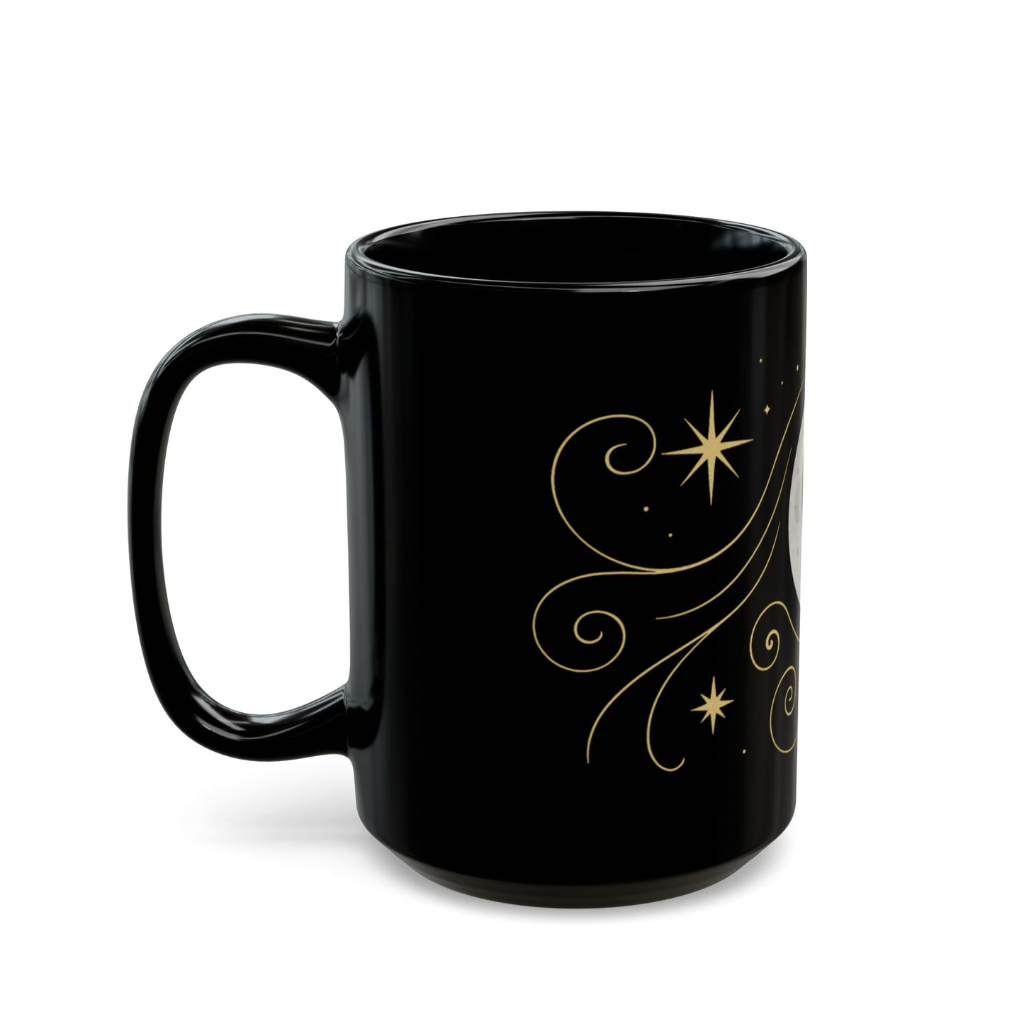 Astrology Sun & Stars Black Mug — Gold Celestial Coffee Cup (11oz/15oz)