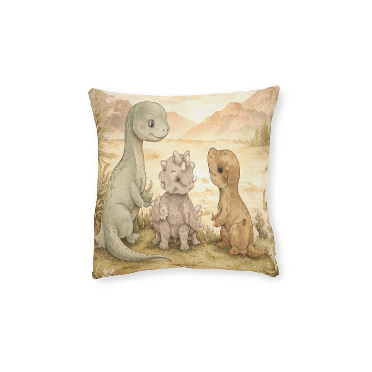 Cute Dino Nursery Square Pillow — Watercolor Baby Dinosaur Trio Decorative Throw Pillow