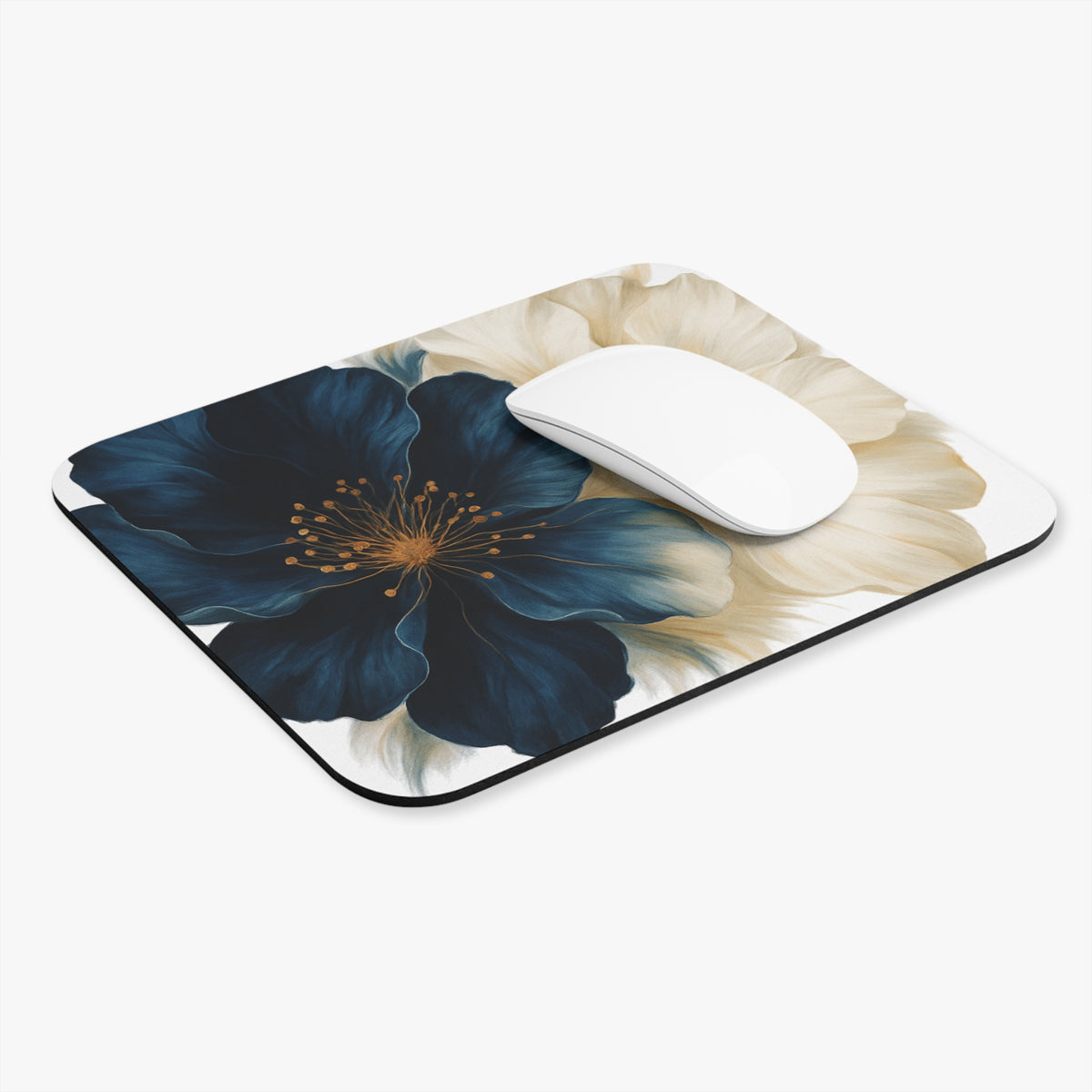 Floral Mouse Pad — Navy & Cream Bloom Rectangle Desk Mat
