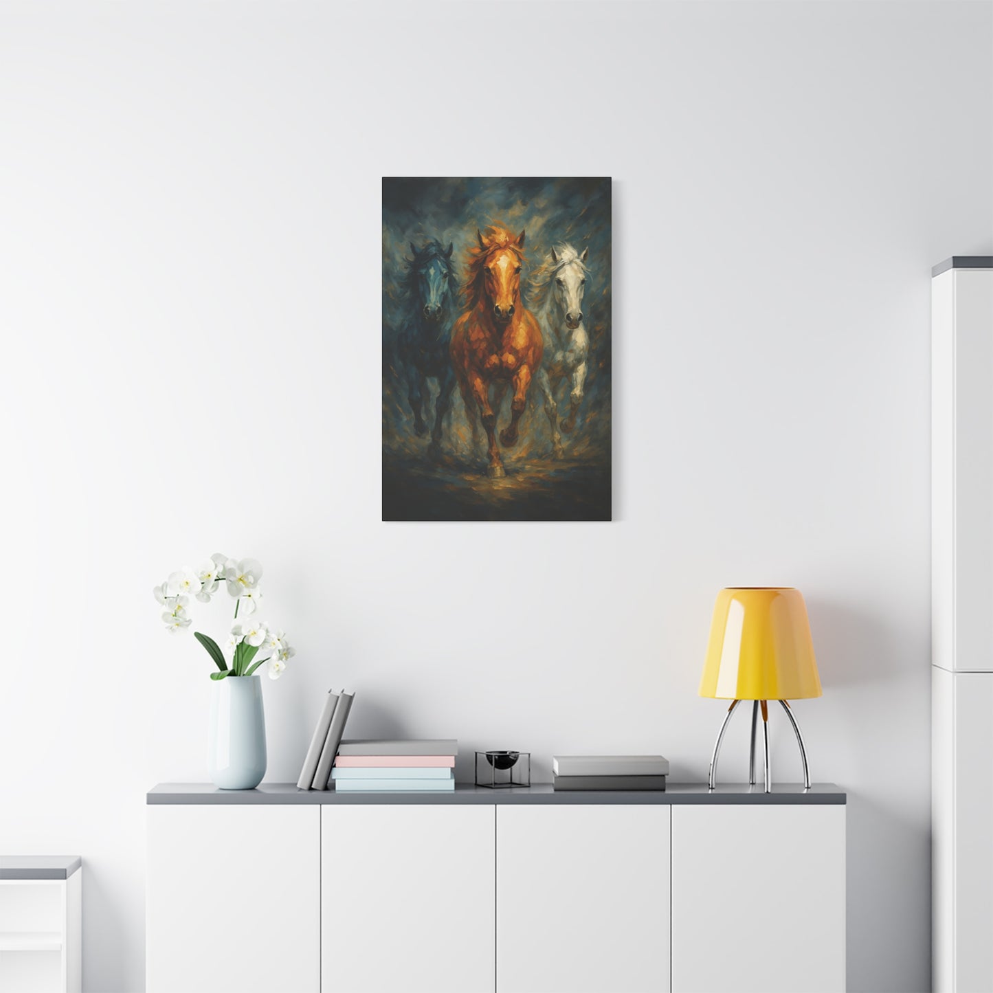 Arte de pared en lienzo mate "Caballos corriendo" — Pintura de trío dramático, estirado 1.25"