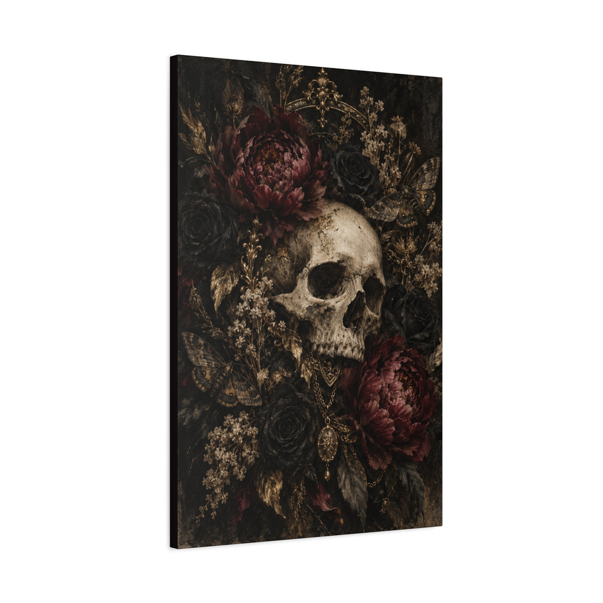 Gothic Skull & Peonies Canvas Wall Art —Velvet Mourning- Dark Floral Home Decor