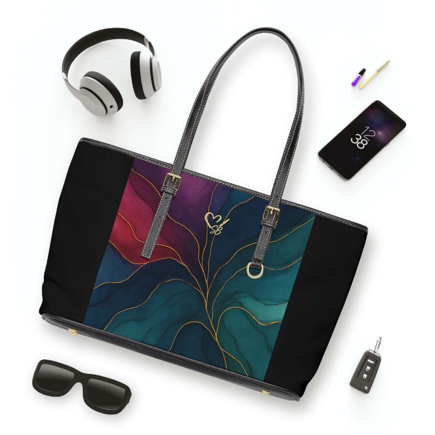 Tyler-2025 Colección Artisan Luxe - Bolso de hombro de PU con panel — Bolso tote color verde azulado y burdeos con detalle veteado dorado