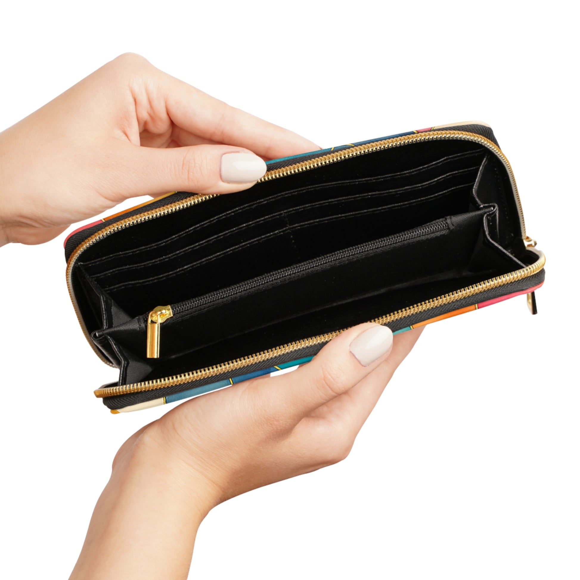 Vicky zipper wallet open interior – card slots, coin pocket and cash compartment, colorful stained-glass design by the Soulful Brush
