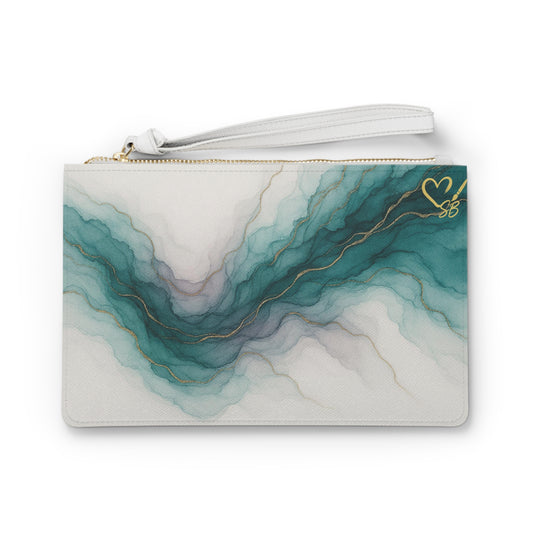 Waters Edge-Teal Marble Wave Clutch Bag — Abstract Gold Vein Wristlet