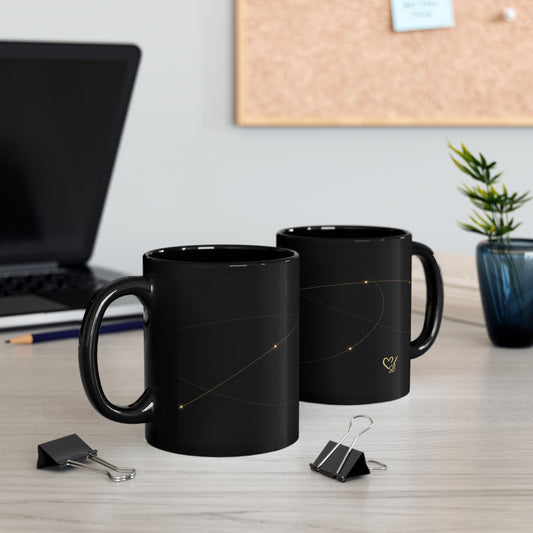 Orbit gold constellation black mug lifestyle view , 2 mugs showing right and left sides– minimal starry lines ceramic cup by the Soulful Brush
