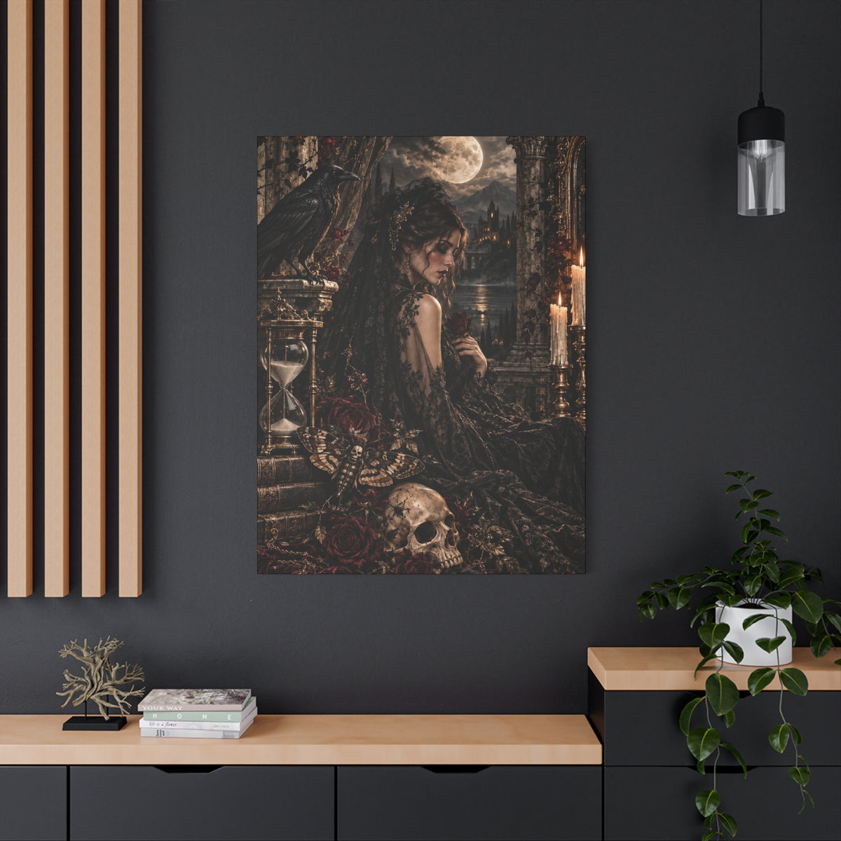 Gothic Mourning Matte Canvas Wall Art —Cathedral Sorrows -Dark Victorian Lady with Skull & Roses