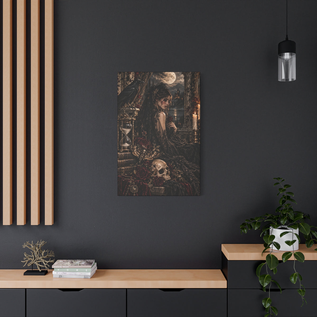 Gothic Mourning Matte Canvas Wall Art —Cathedral Sorrows -Dark Victorian Lady with Skull & Roses
