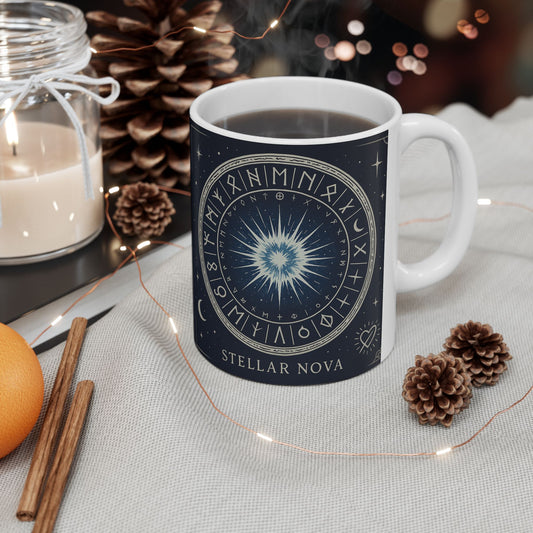 Taza de cerámica Stellar Nova — Diseño de rueda astral de astrología cósmica (325 ml y 443 ml)