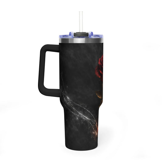 40oz Thermal Tumbler — Dark Red Rose Heartbeat Design