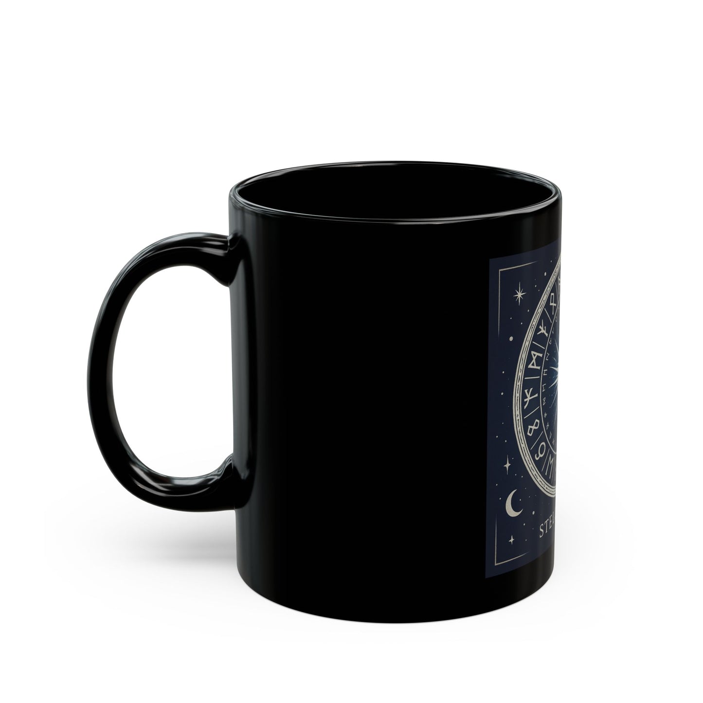 Taza Negra Stellar Nova — Taza de Café con Símbolo Zodiacal Celestial Starburst